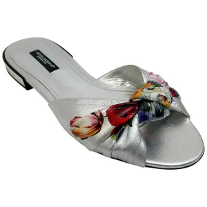 Dolce & Gabbana Silver Floral Flat Slide Sandals
