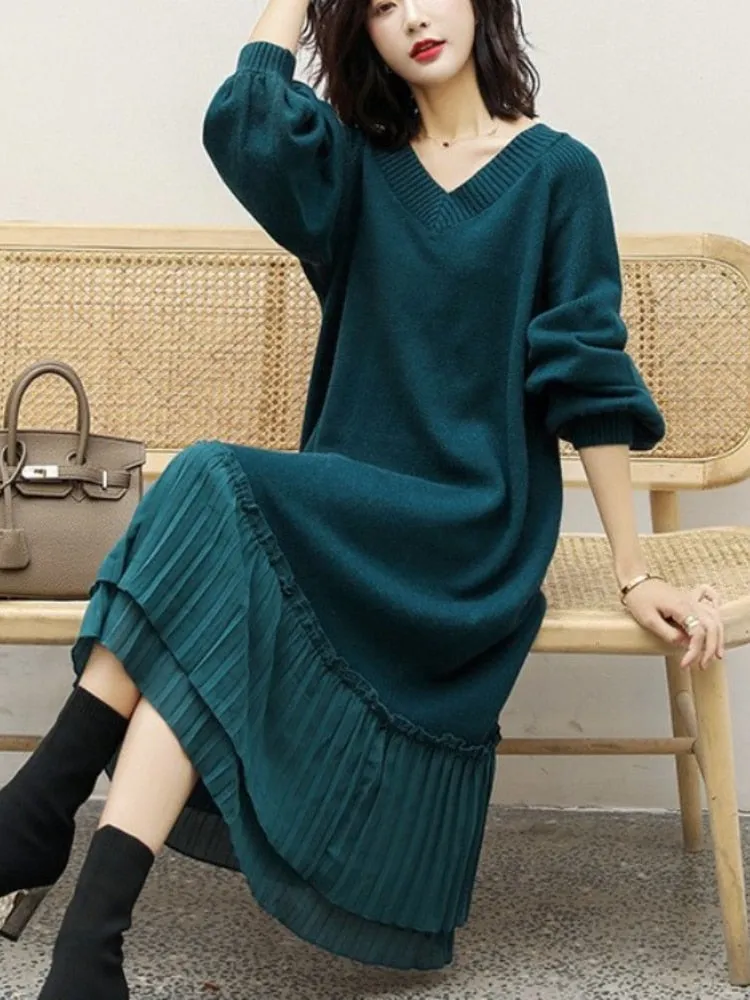 Elegant Women's Loose Sweater Dress Loose Long Fit Knitted Dress
