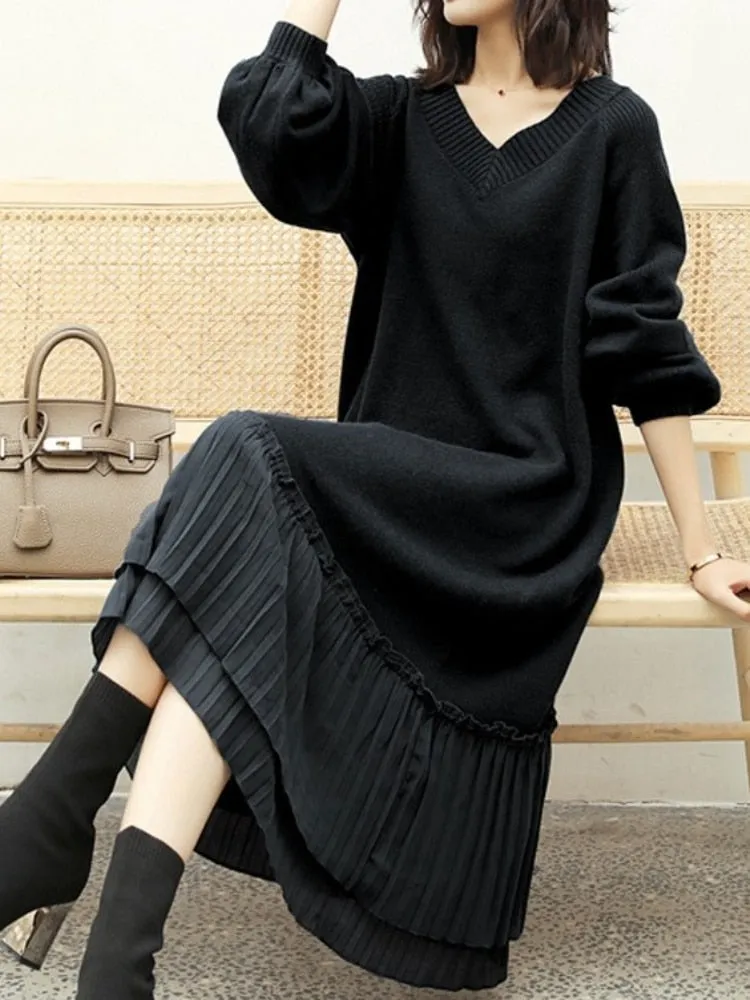 Elegant Women's Loose Sweater Dress Loose Long Fit Knitted Dress