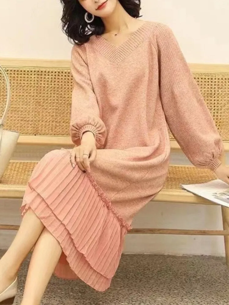 Elegant Women's Loose Sweater Dress Loose Long Fit Knitted Dress