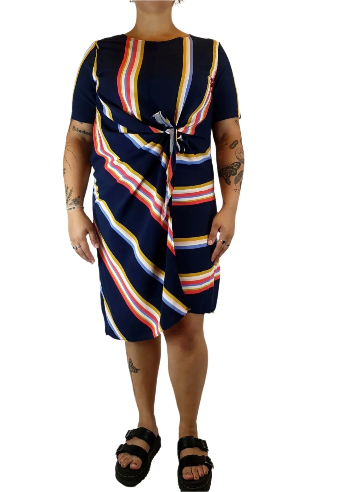 Elm navy striped dress with fron tie detail size 14