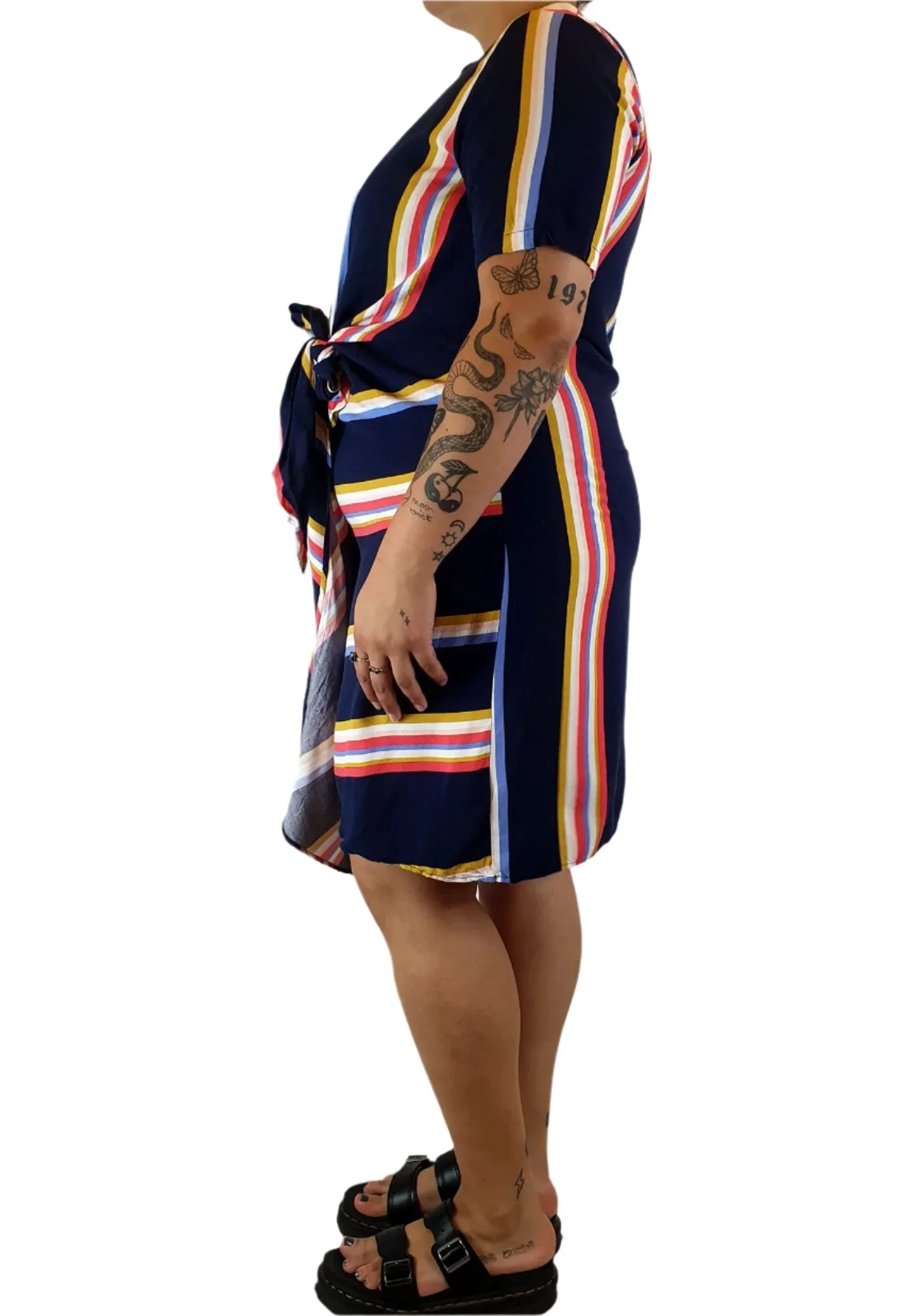 Elm navy striped dress with fron tie detail size 14