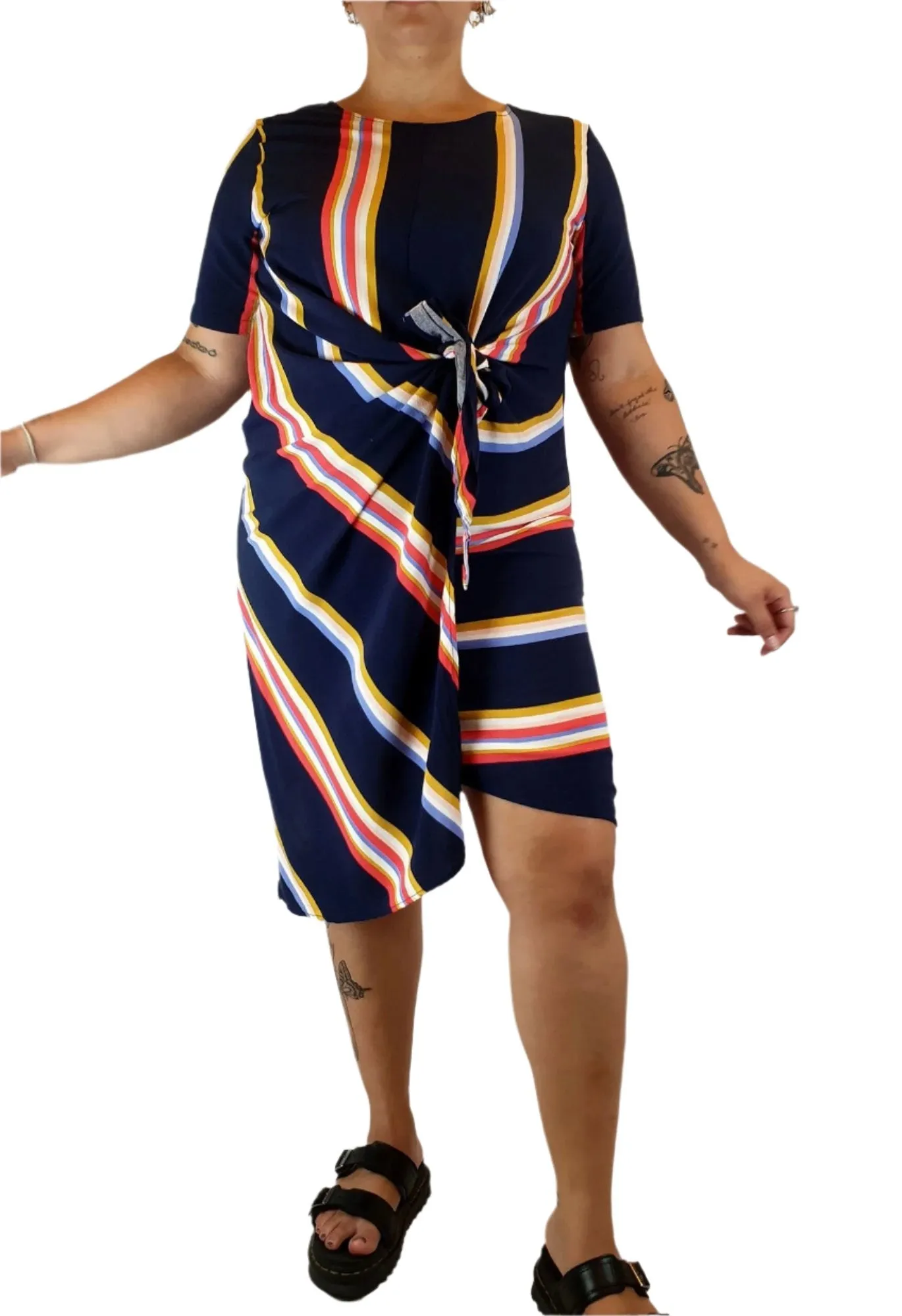Elm navy striped dress with fron tie detail size 14