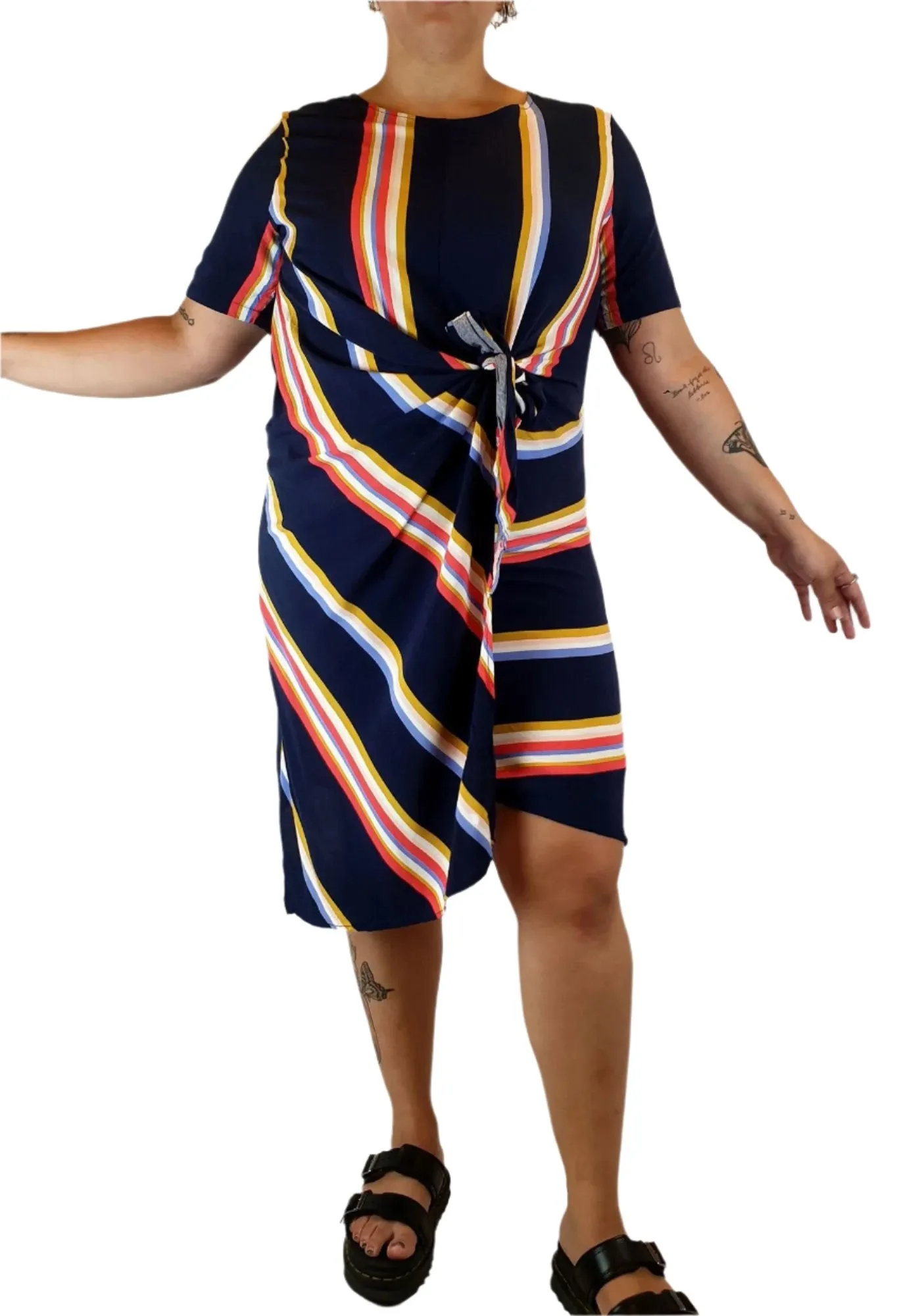 Elm navy striped dress with fron tie detail size 14