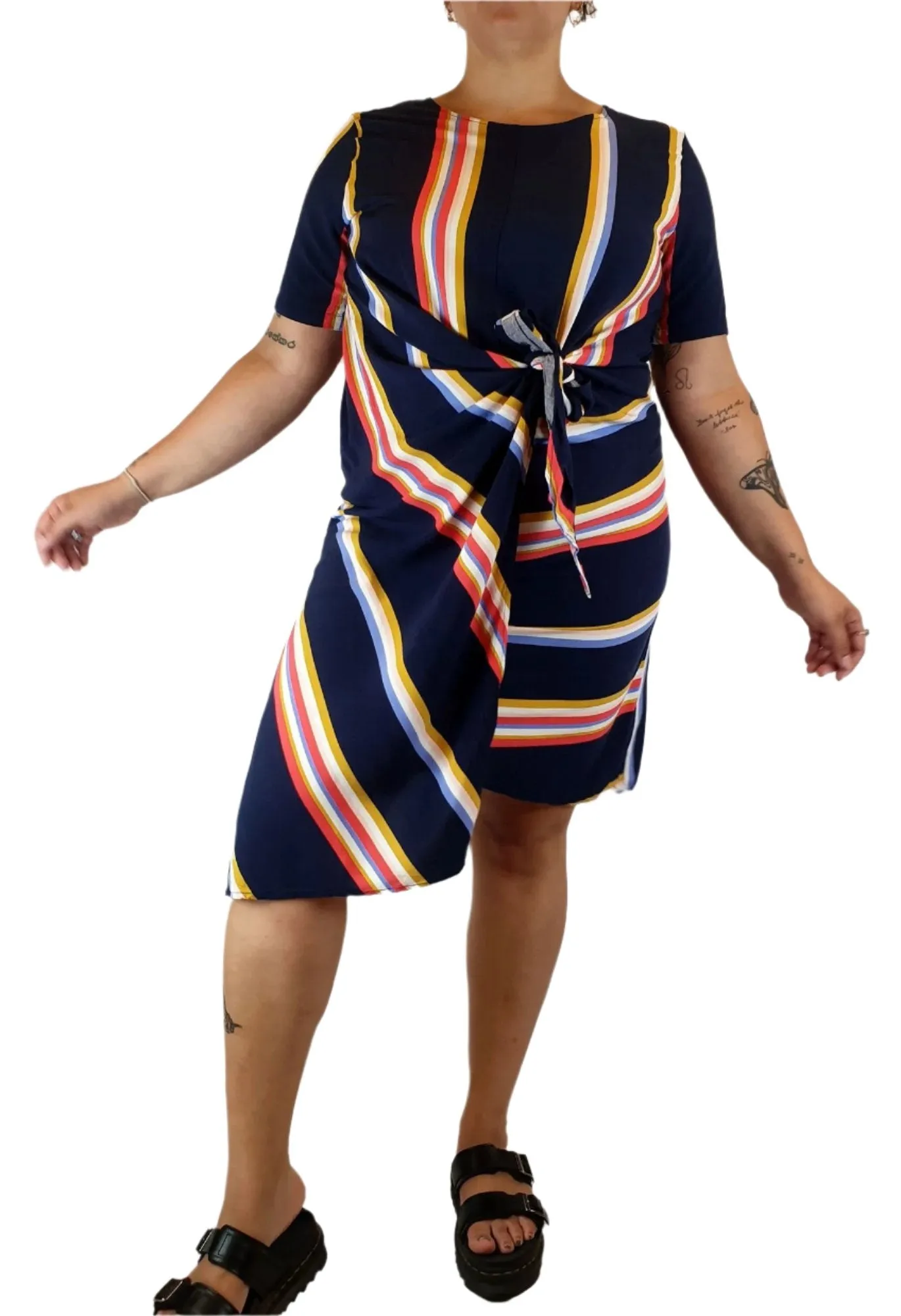 Elm navy striped dress with fron tie detail size 14