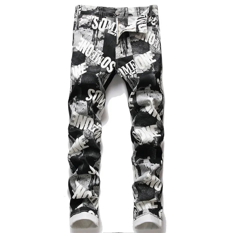 Fit Slim Casual Inelasticity Men's Printed Jeans Pencil Pants