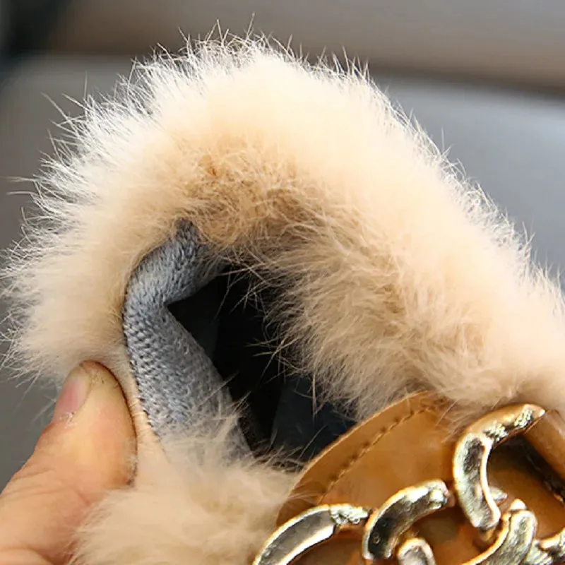 Flat Shoes Girls 2019 Fashion Winter Warm Toddler Shoes Kids Children's Rabbit plush Fur Princess Square Head Leather Shoe Girl