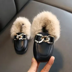 Flat Shoes Girls 2019 Fashion Winter Warm Toddler Shoes Kids Children's Rabbit plush Fur Princess Square Head Leather Shoe Girl