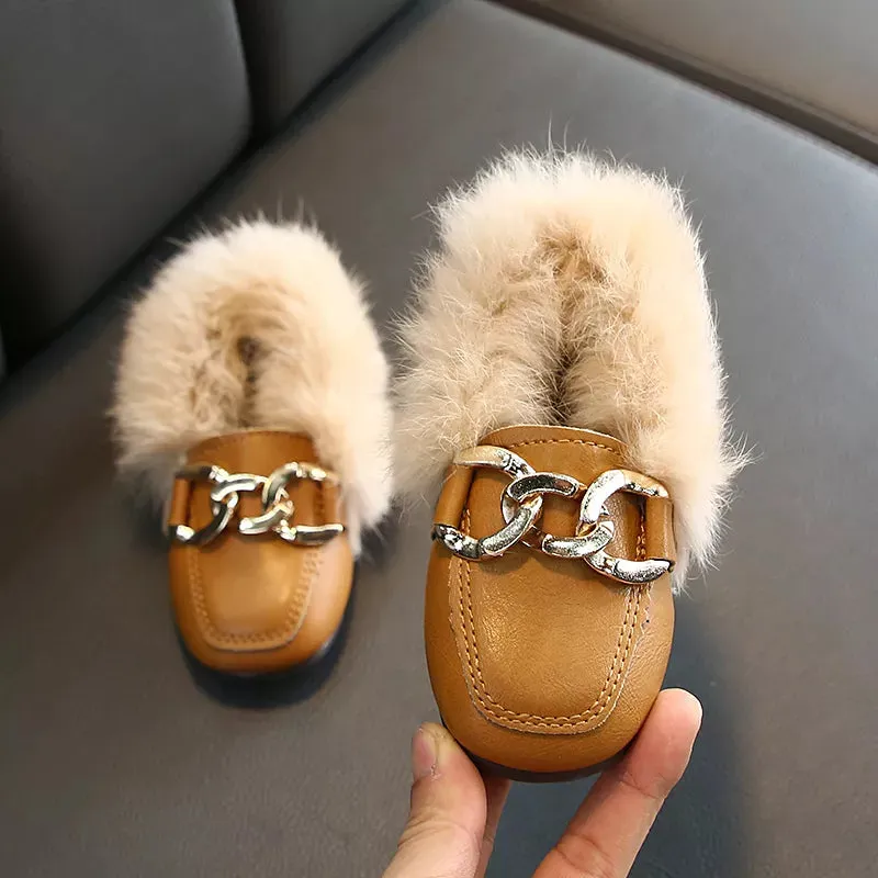 Flat Shoes Girls 2019 Fashion Winter Warm Toddler Shoes Kids Children's Rabbit plush Fur Princess Square Head Leather Shoe Girl