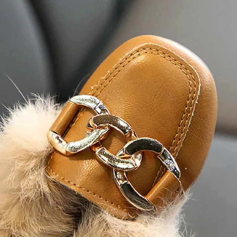 Flat Shoes Girls 2019 Fashion Winter Warm Toddler Shoes Kids Children's Rabbit plush Fur Princess Square Head Leather Shoe Girl