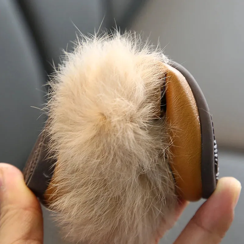 Flat Shoes Girls 2019 Fashion Winter Warm Toddler Shoes Kids Children's Rabbit plush Fur Princess Square Head Leather Shoe Girl