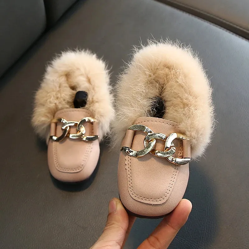 Flat Shoes Girls 2019 Fashion Winter Warm Toddler Shoes Kids Children's Rabbit plush Fur Princess Square Head Leather Shoe Girl