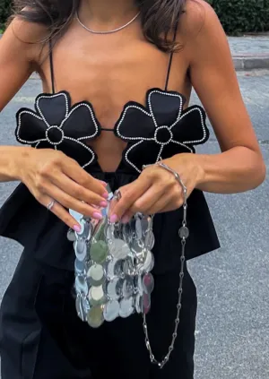 Floral Appliqué Halter Top with Peplum Hem