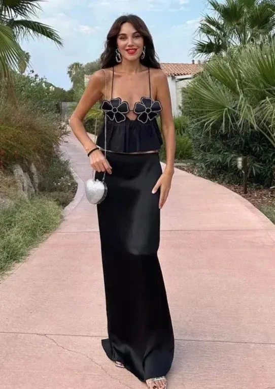 Floral Appliqué Halter Top with Peplum Hem
