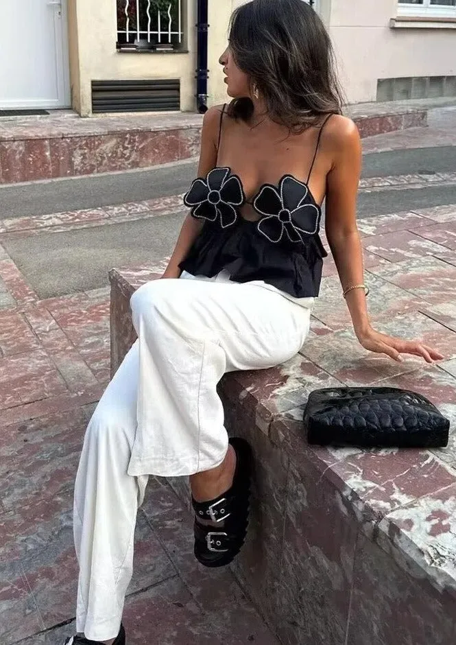 Floral Appliqué Halter Top with Peplum Hem