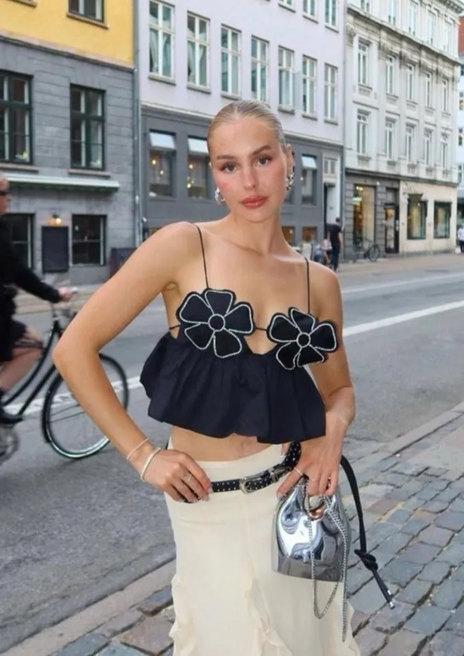Floral Appliqué Halter Top with Peplum Hem
