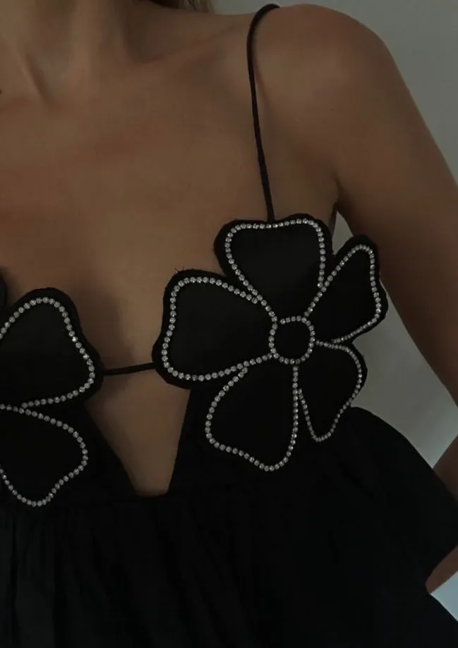 Floral Appliqué Halter Top with Peplum Hem