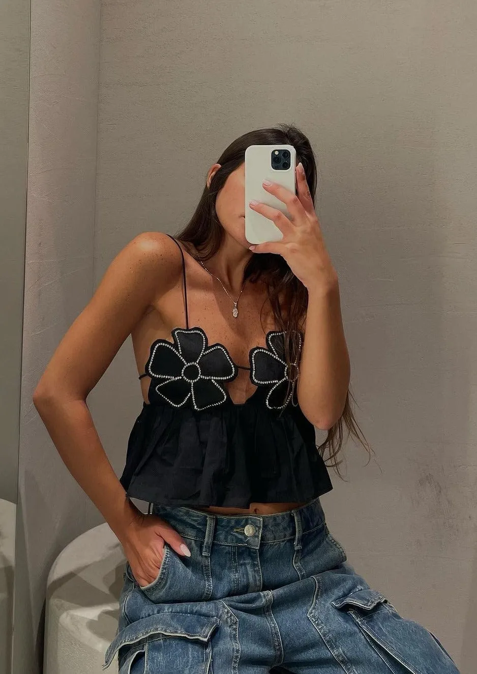 Floral Appliqué Halter Top with Peplum Hem