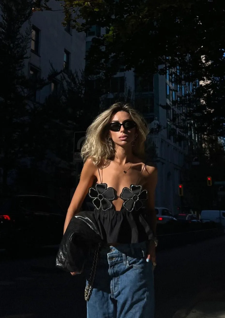 Floral Appliqué Halter Top with Peplum Hem