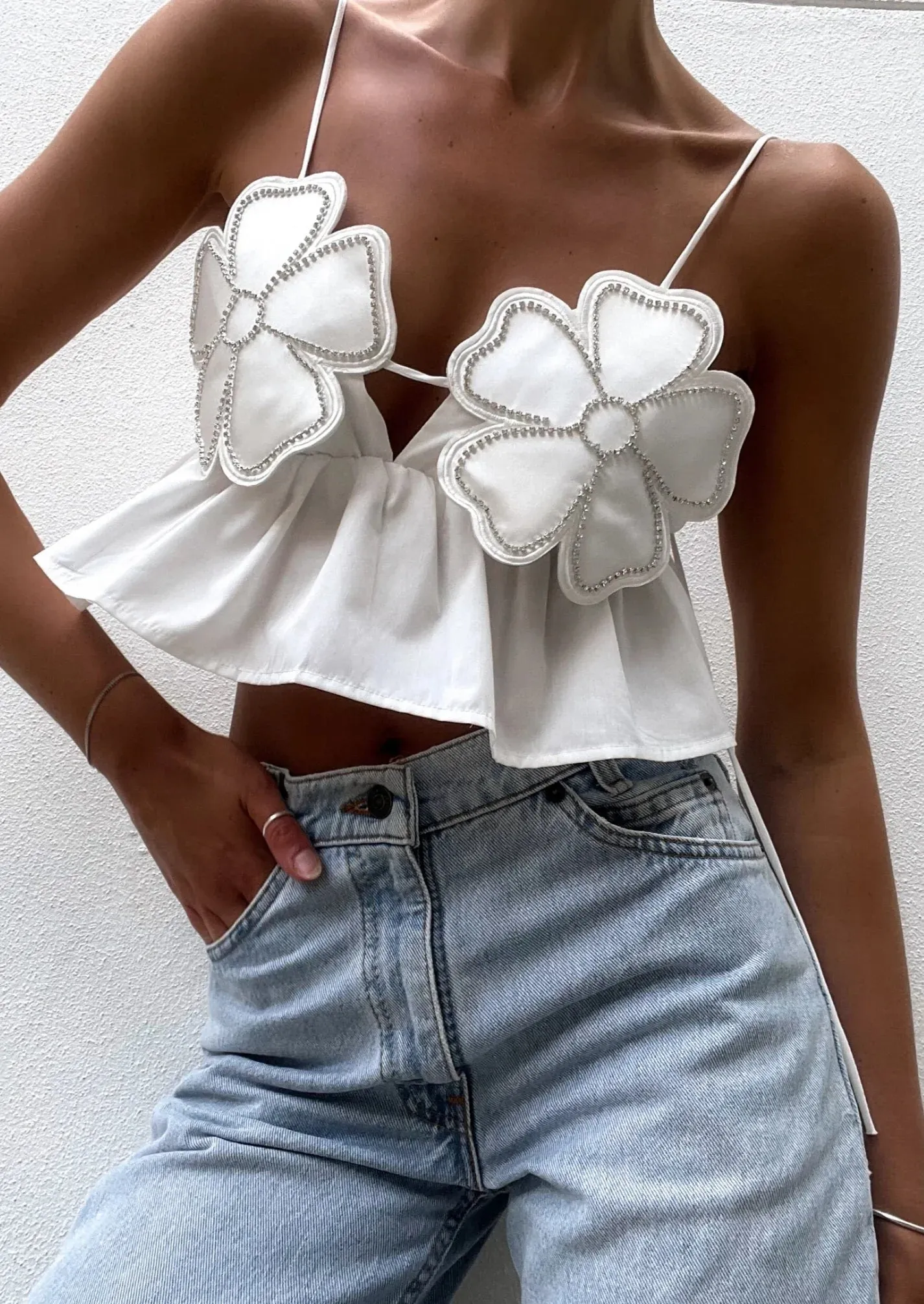Floral Appliqué Halter Top with Peplum Hem