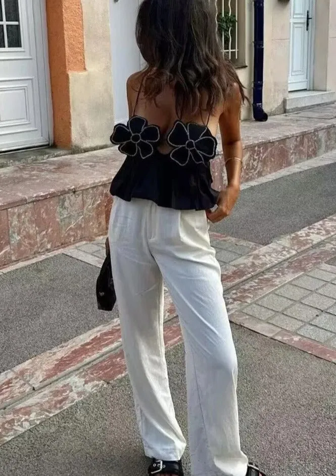 Floral Appliqué Halter Top with Peplum Hem