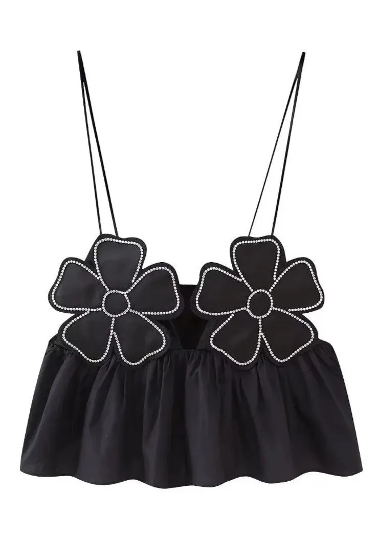 Floral Appliqué Halter Top with Peplum Hem