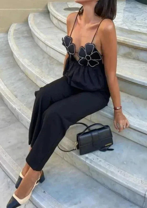 Floral Appliqué Halter Top with Peplum Hem