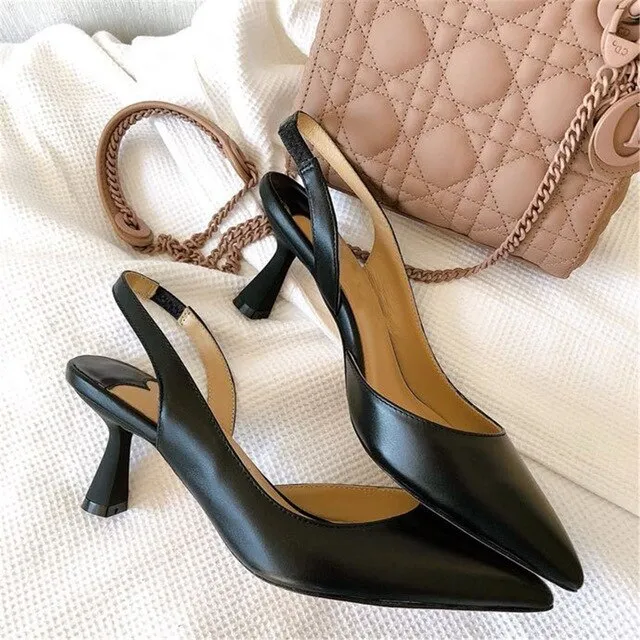 Genuine Leather Women's Heels Classic Luxury Brand Designer Mature Ladies Sandals Wedding/Party/Office Fashion Solid Shoes