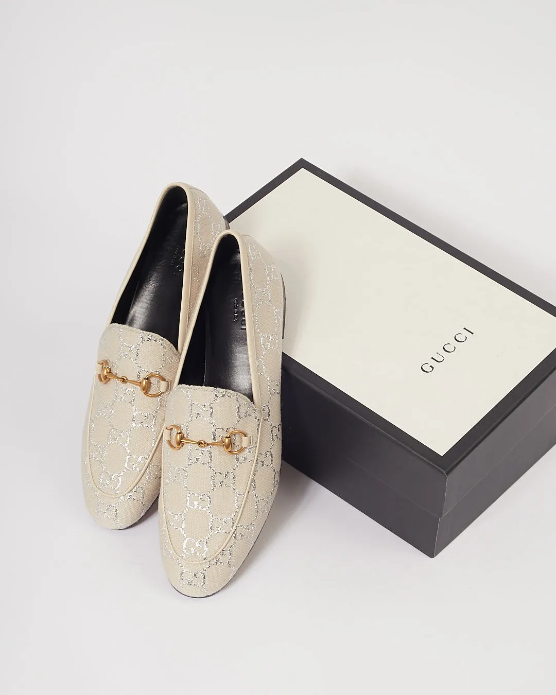 Gucci Beige/Silver GG Canvas Logo Jordaan Loafers - 40.5