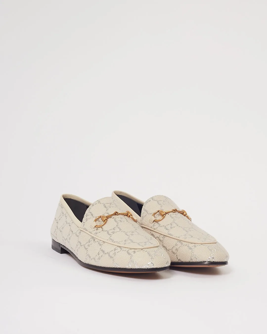 Gucci Beige/Silver GG Canvas Logo Jordaan Loafers - 40.5