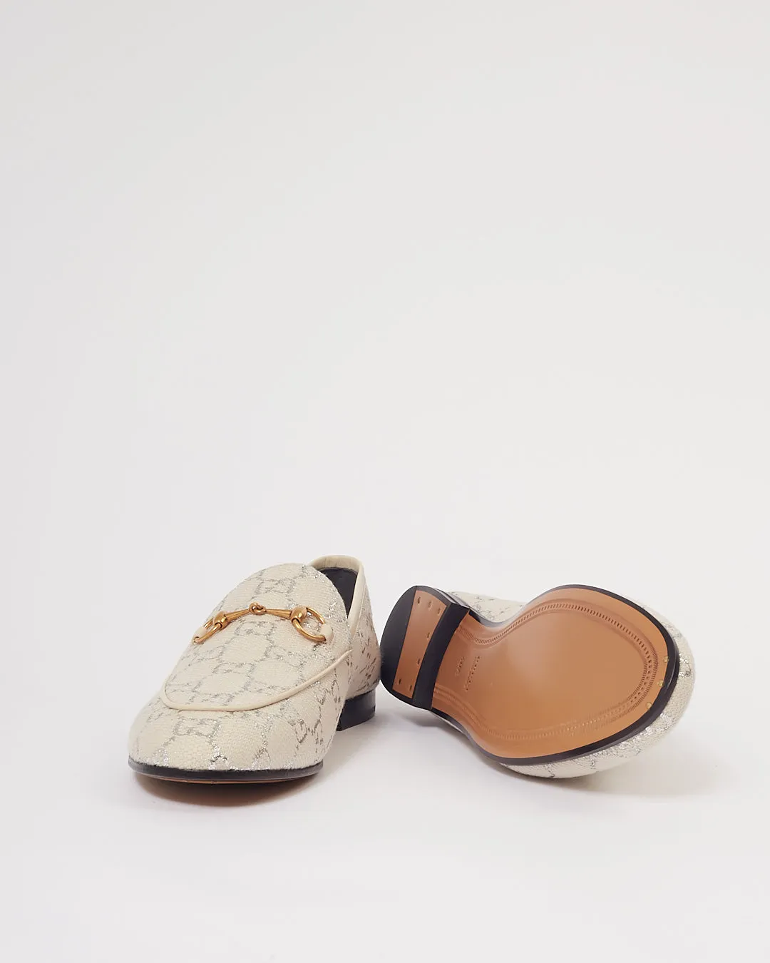 Gucci Beige/Silver GG Canvas Logo Jordaan Loafers - 40.5