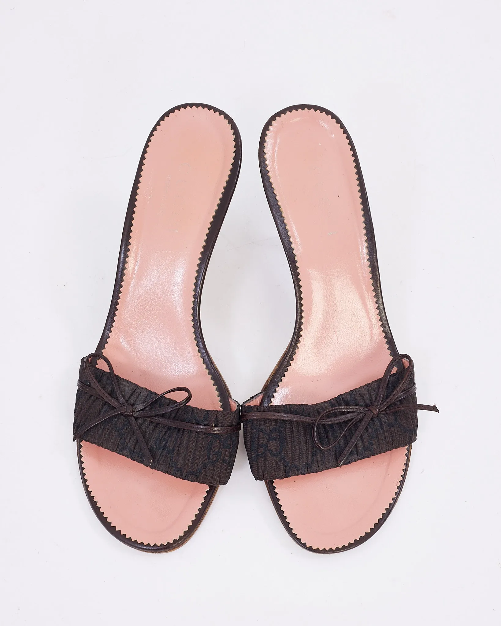 Gucci Brown GG Monogram Fabric & Leather Kitten Heel Sandals - 7.5