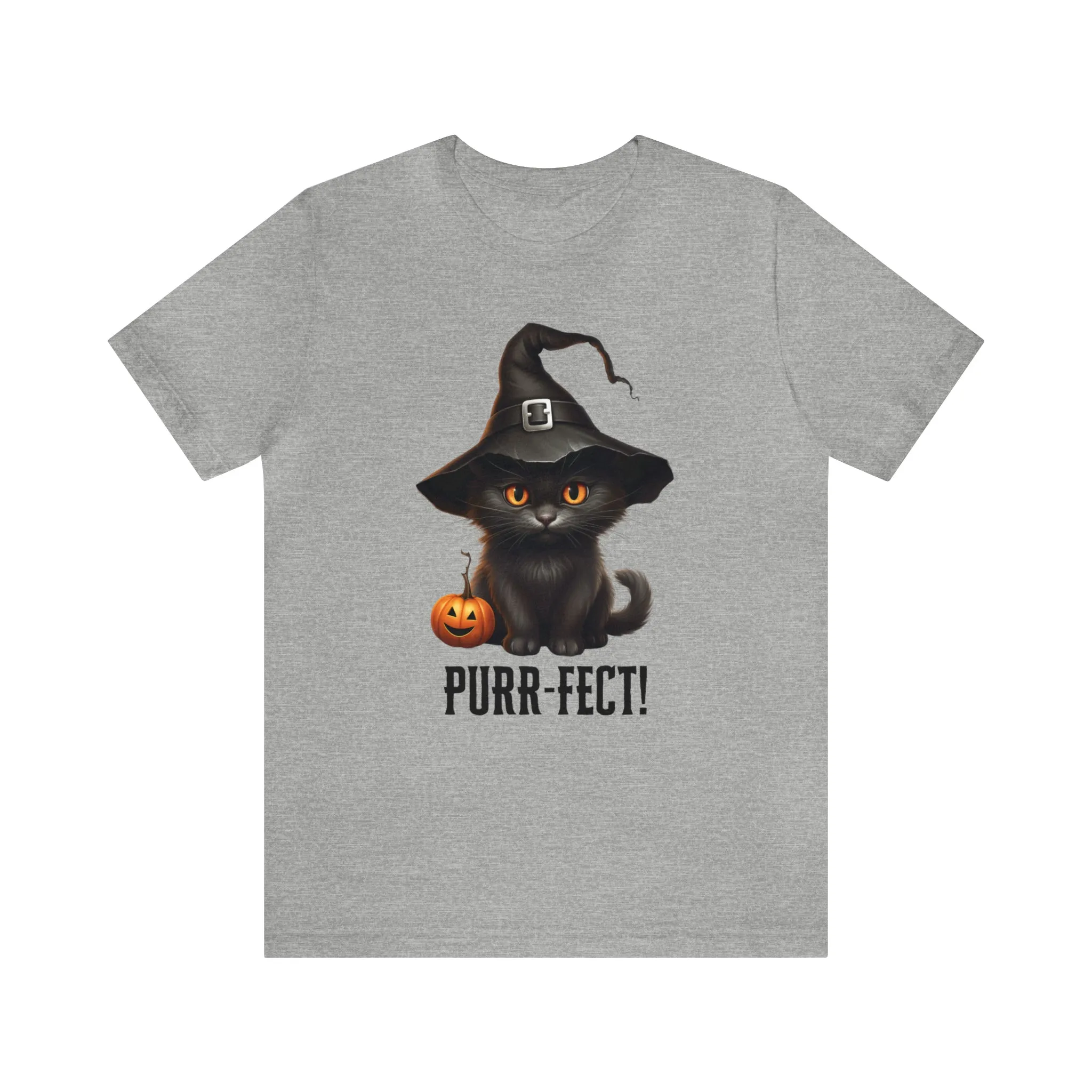 Halloween Purr-Fect Black Cat T-Shirt | Cat with Witch's Hat Tee |  Bella Canvas 3001Unisex | Funny Short Sleeve Tshirt
