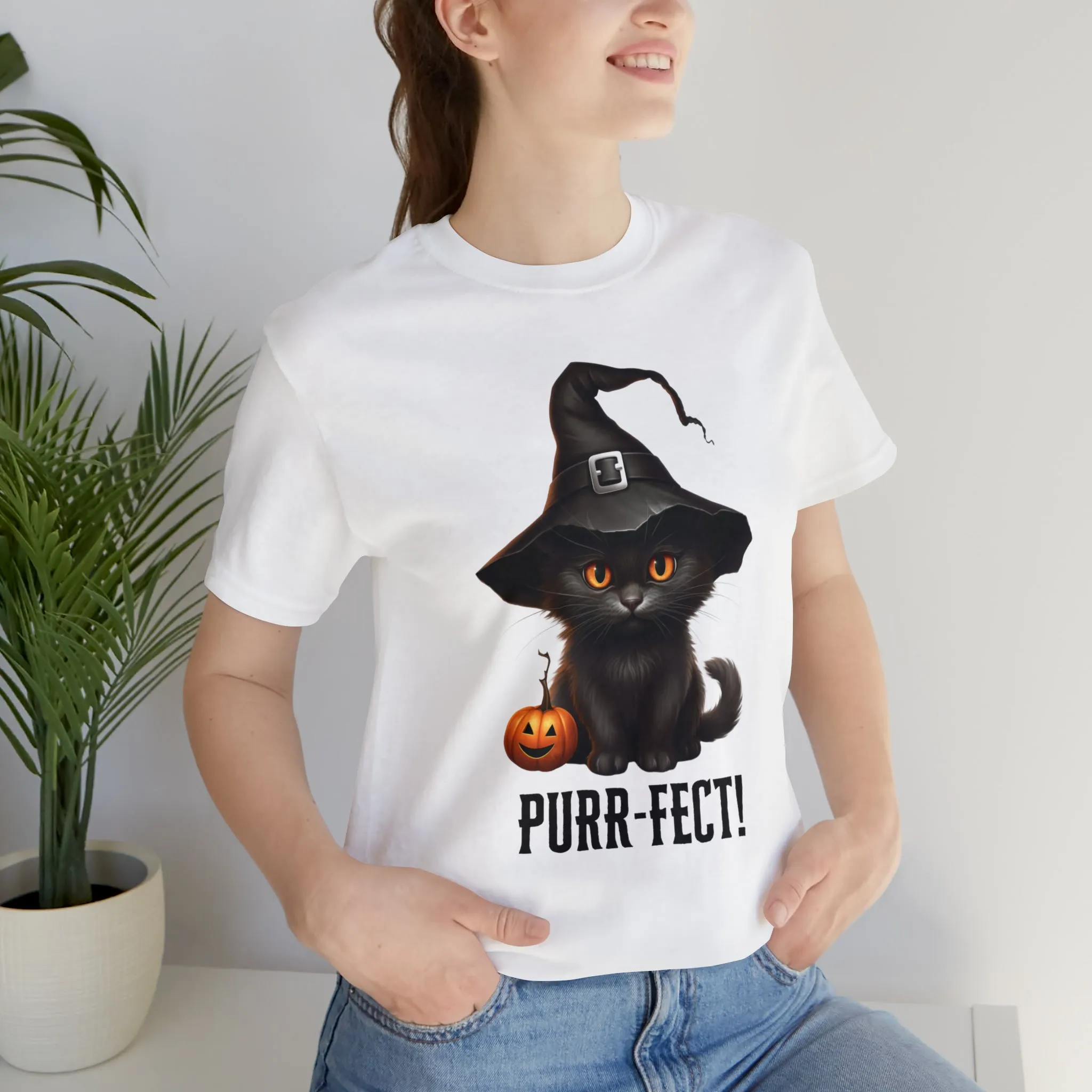 Halloween Purr-Fect Black Cat T-Shirt | Cat with Witch's Hat Tee |  Bella Canvas 3001Unisex | Funny Short Sleeve Tshirt