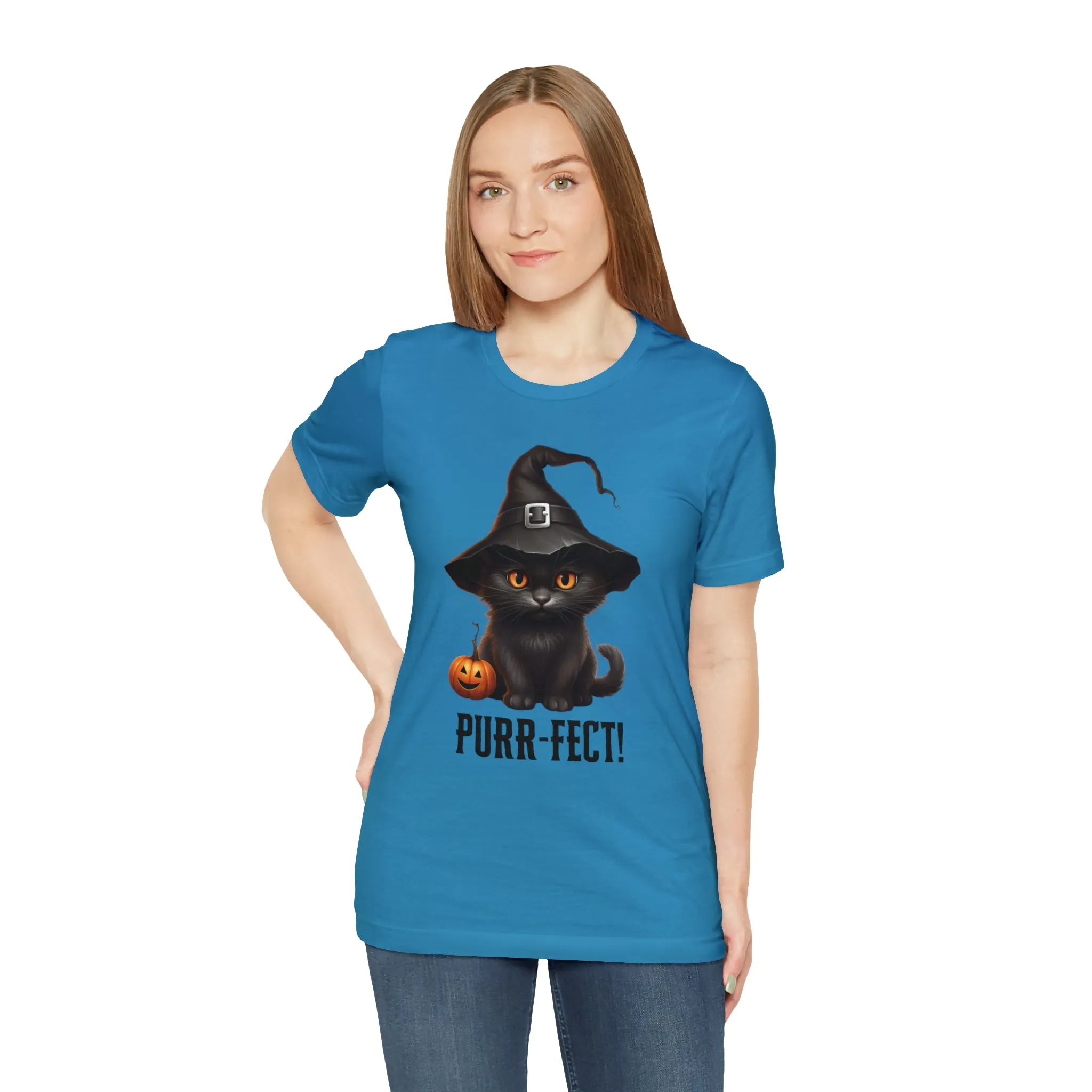 Halloween Purr-Fect Black Cat T-Shirt | Cat with Witch's Hat Tee |  Bella Canvas 3001Unisex | Funny Short Sleeve Tshirt