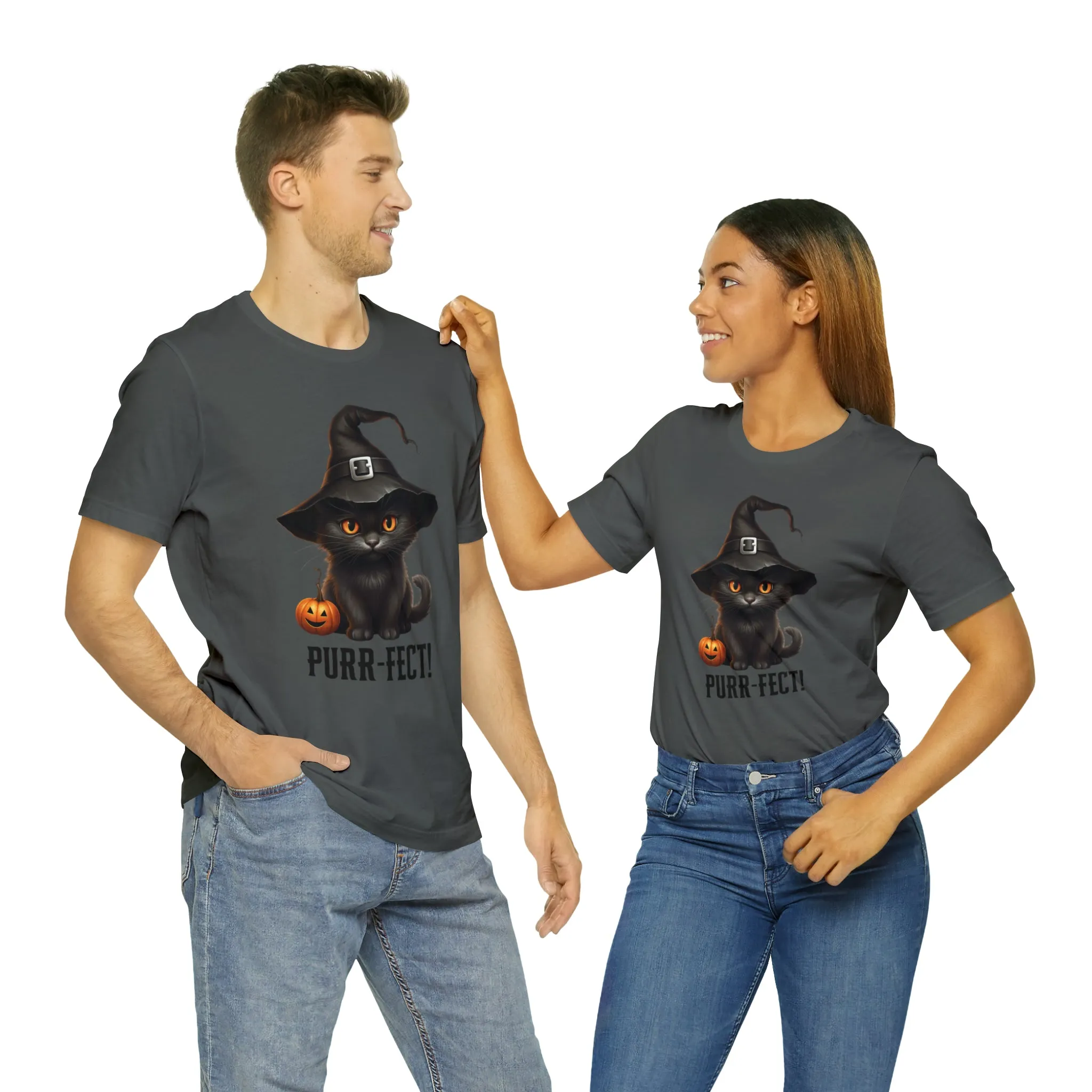 Halloween Purr-Fect Black Cat T-Shirt | Cat with Witch's Hat Tee |  Bella Canvas 3001Unisex | Funny Short Sleeve Tshirt