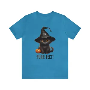 Halloween Purr-Fect Black Cat T-Shirt | Cat with Witch's Hat Tee |  Bella Canvas 3001Unisex | Funny Short Sleeve Tshirt