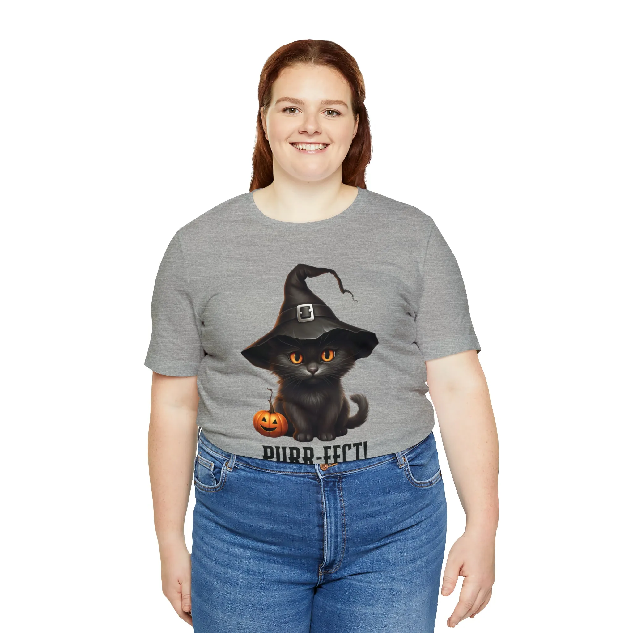 Halloween Purr-Fect Black Cat T-Shirt | Cat with Witch's Hat Tee |  Bella Canvas 3001Unisex | Funny Short Sleeve Tshirt