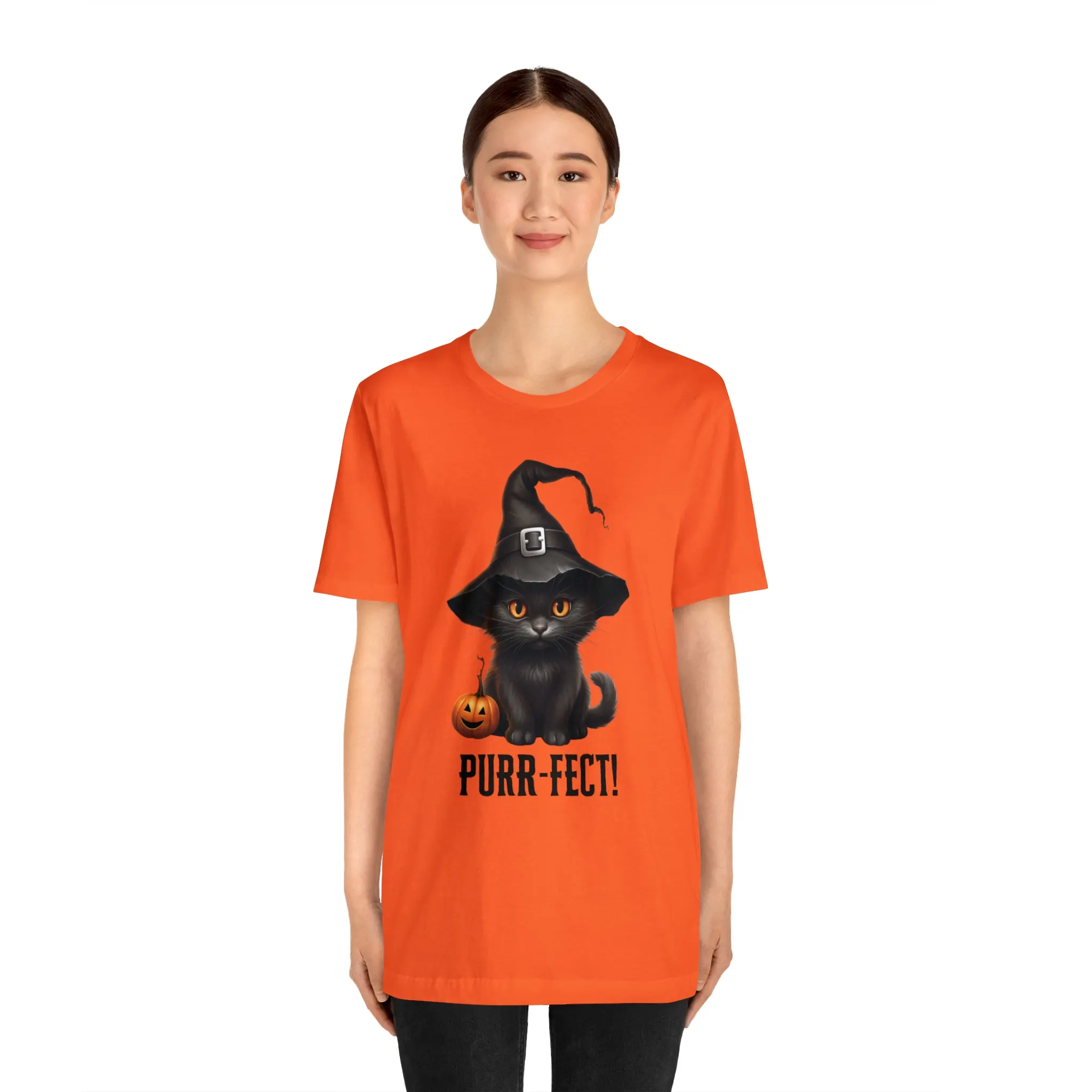 Halloween Purr-Fect Black Cat T-Shirt | Cat with Witch's Hat Tee |  Bella Canvas 3001Unisex | Funny Short Sleeve Tshirt