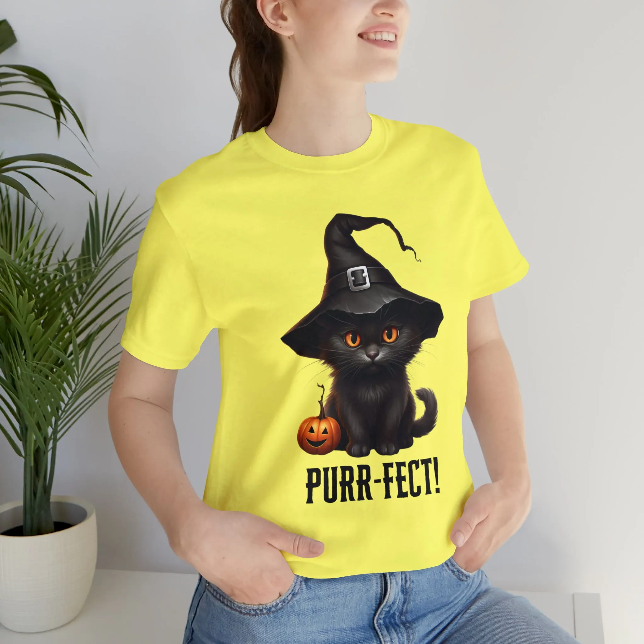 Halloween Purr-Fect Black Cat T-Shirt | Cat with Witch's Hat Tee |  Bella Canvas 3001Unisex | Funny Short Sleeve Tshirt