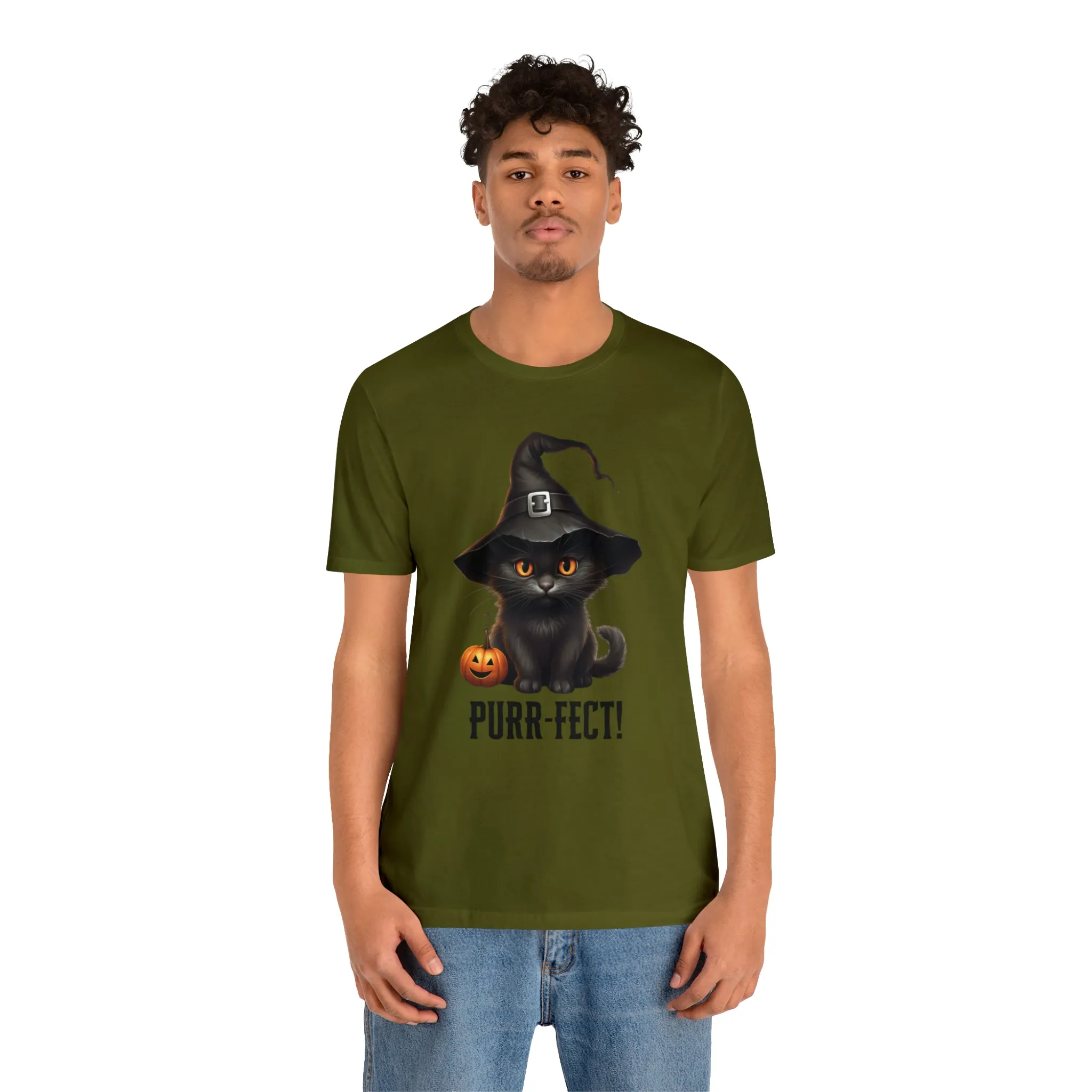 Halloween Purr-Fect Black Cat T-Shirt | Cat with Witch's Hat Tee |  Bella Canvas 3001Unisex | Funny Short Sleeve Tshirt