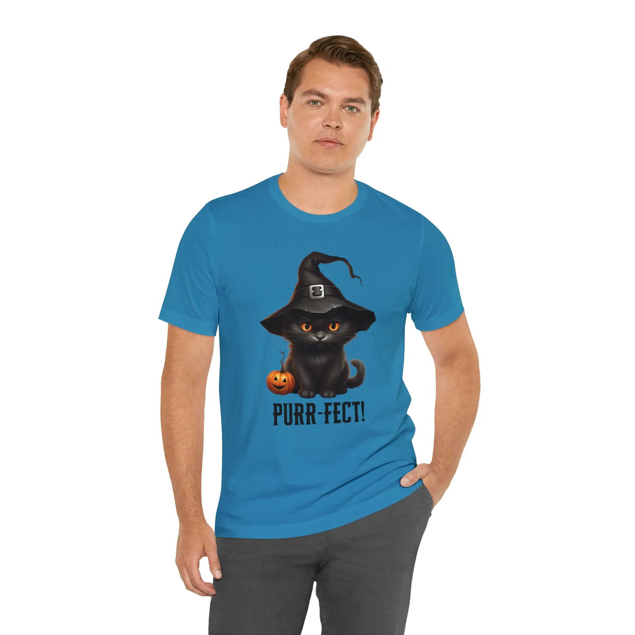 Halloween Purr-Fect Black Cat T-Shirt | Cat with Witch's Hat Tee |  Bella Canvas 3001Unisex | Funny Short Sleeve Tshirt