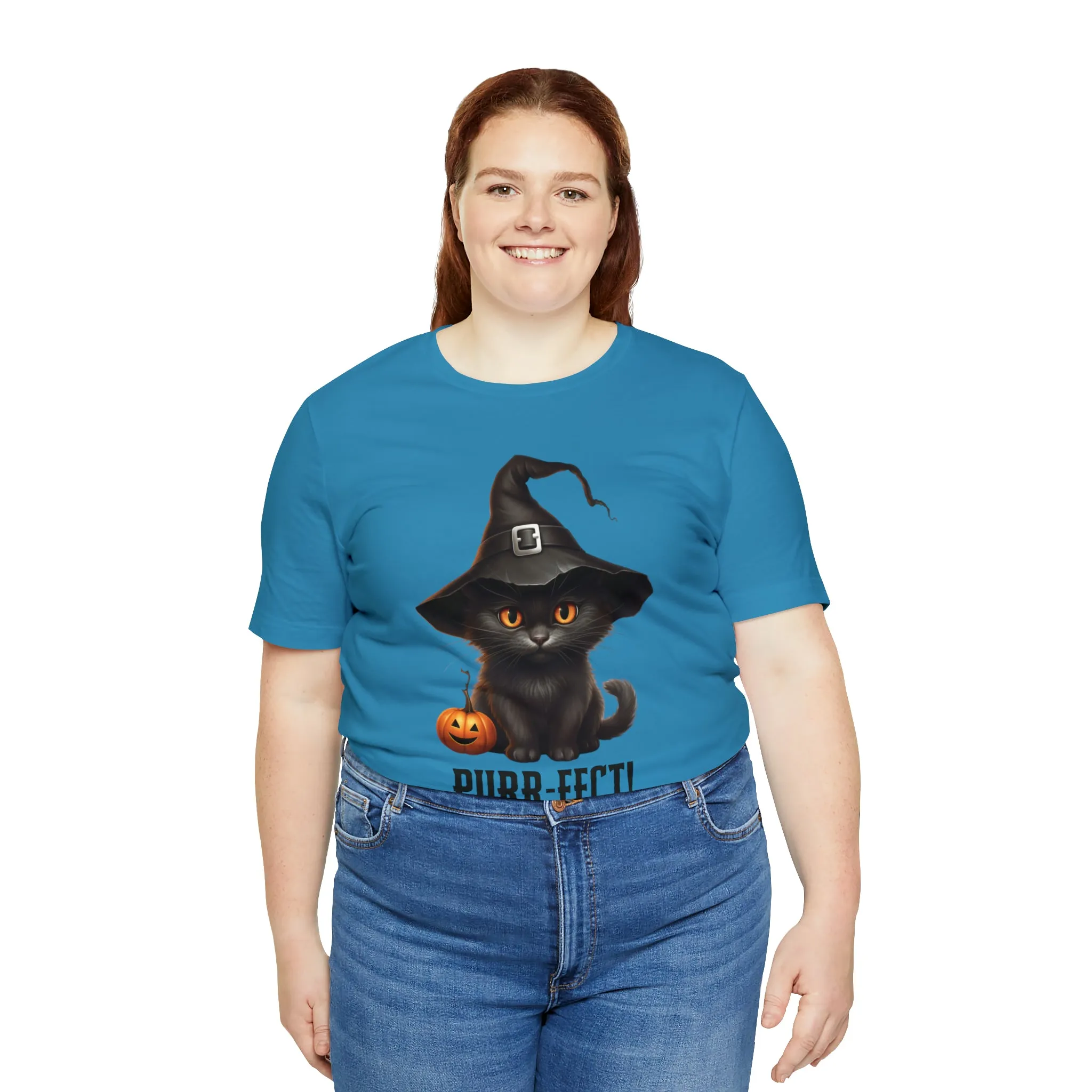 Halloween Purr-Fect Black Cat T-Shirt | Cat with Witch's Hat Tee |  Bella Canvas 3001Unisex | Funny Short Sleeve Tshirt