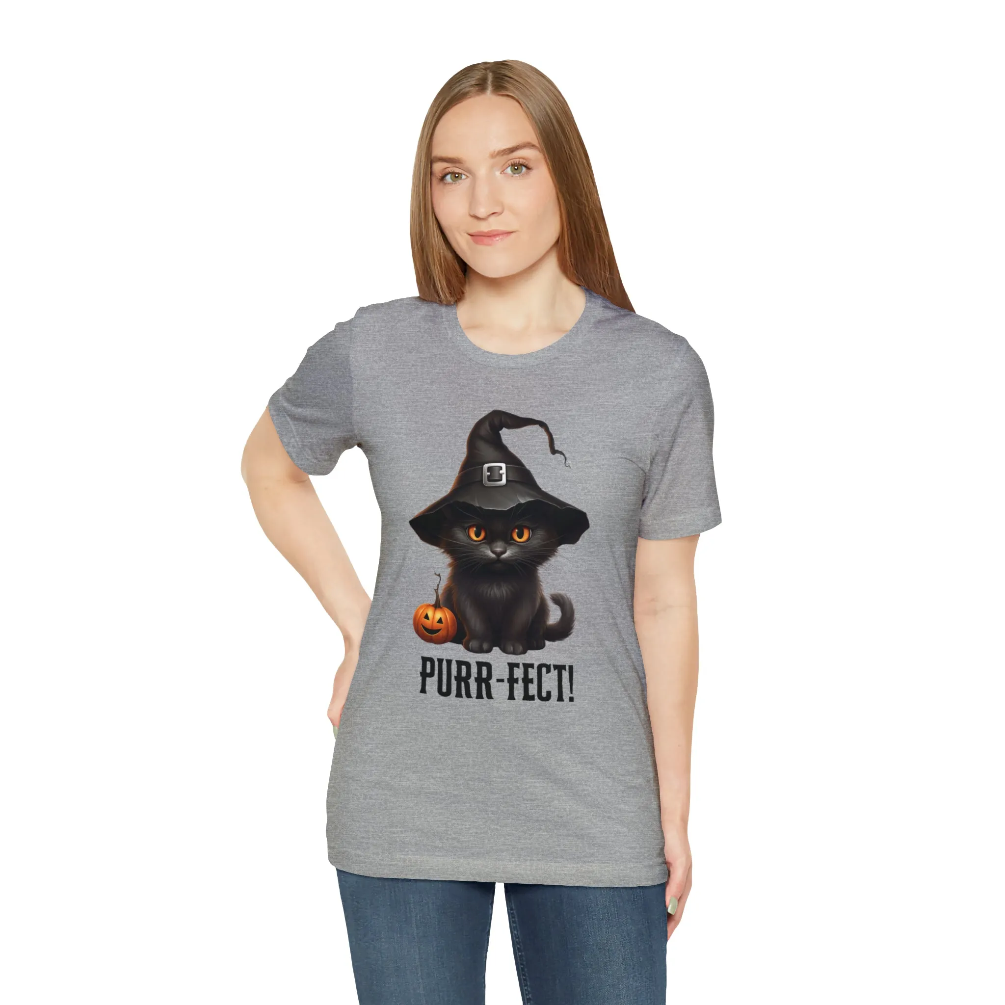 Halloween Purr-Fect Black Cat T-Shirt | Cat with Witch's Hat Tee |  Bella Canvas 3001Unisex | Funny Short Sleeve Tshirt