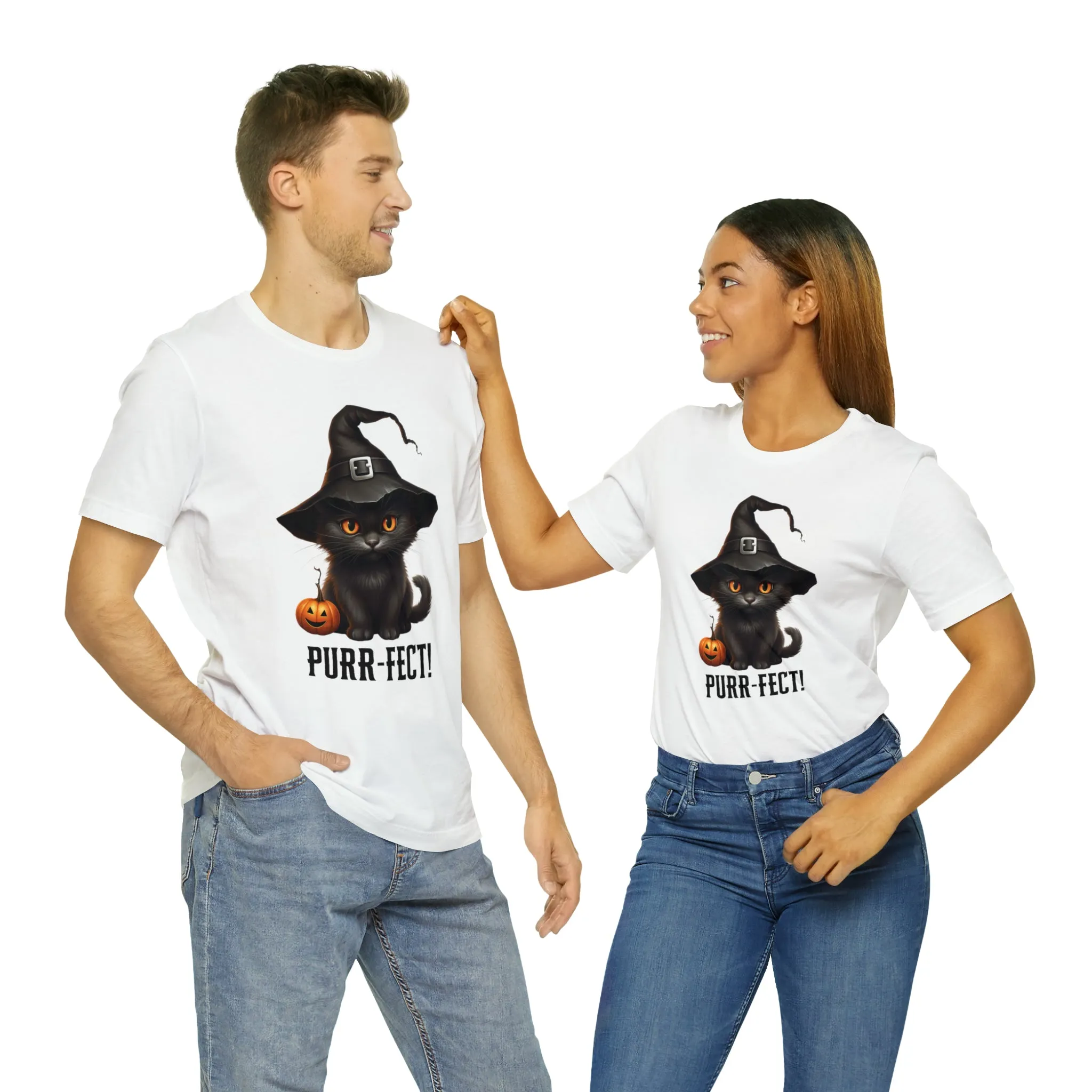 Halloween Purr-Fect Black Cat T-Shirt | Cat with Witch's Hat Tee |  Bella Canvas 3001Unisex | Funny Short Sleeve Tshirt