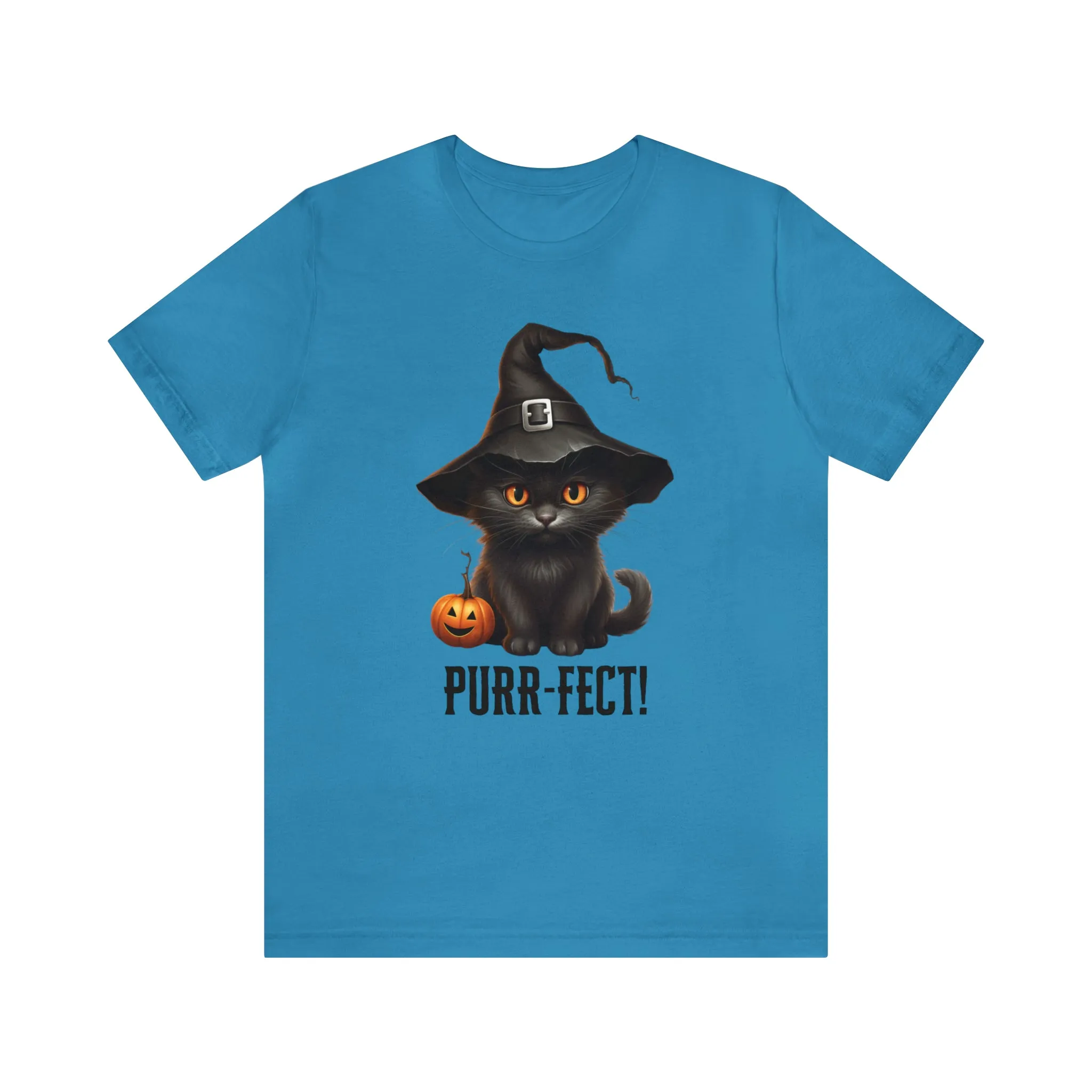 Halloween Purr-Fect Black Cat T-Shirt | Cat with Witch's Hat Tee |  Bella Canvas 3001Unisex | Funny Short Sleeve Tshirt