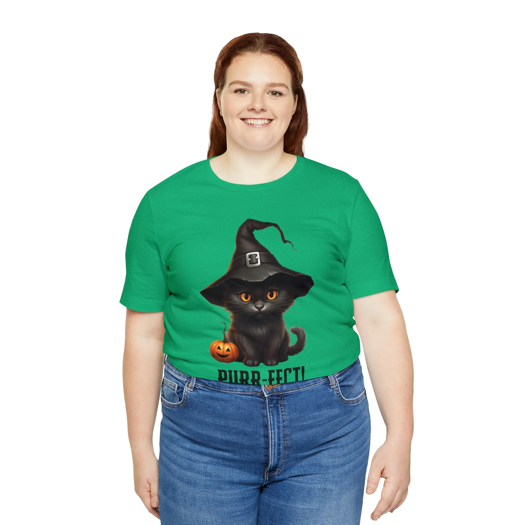 Halloween Purr-Fect Black Cat T-Shirt | Cat with Witch's Hat Tee |  Bella Canvas 3001Unisex | Funny Short Sleeve Tshirt