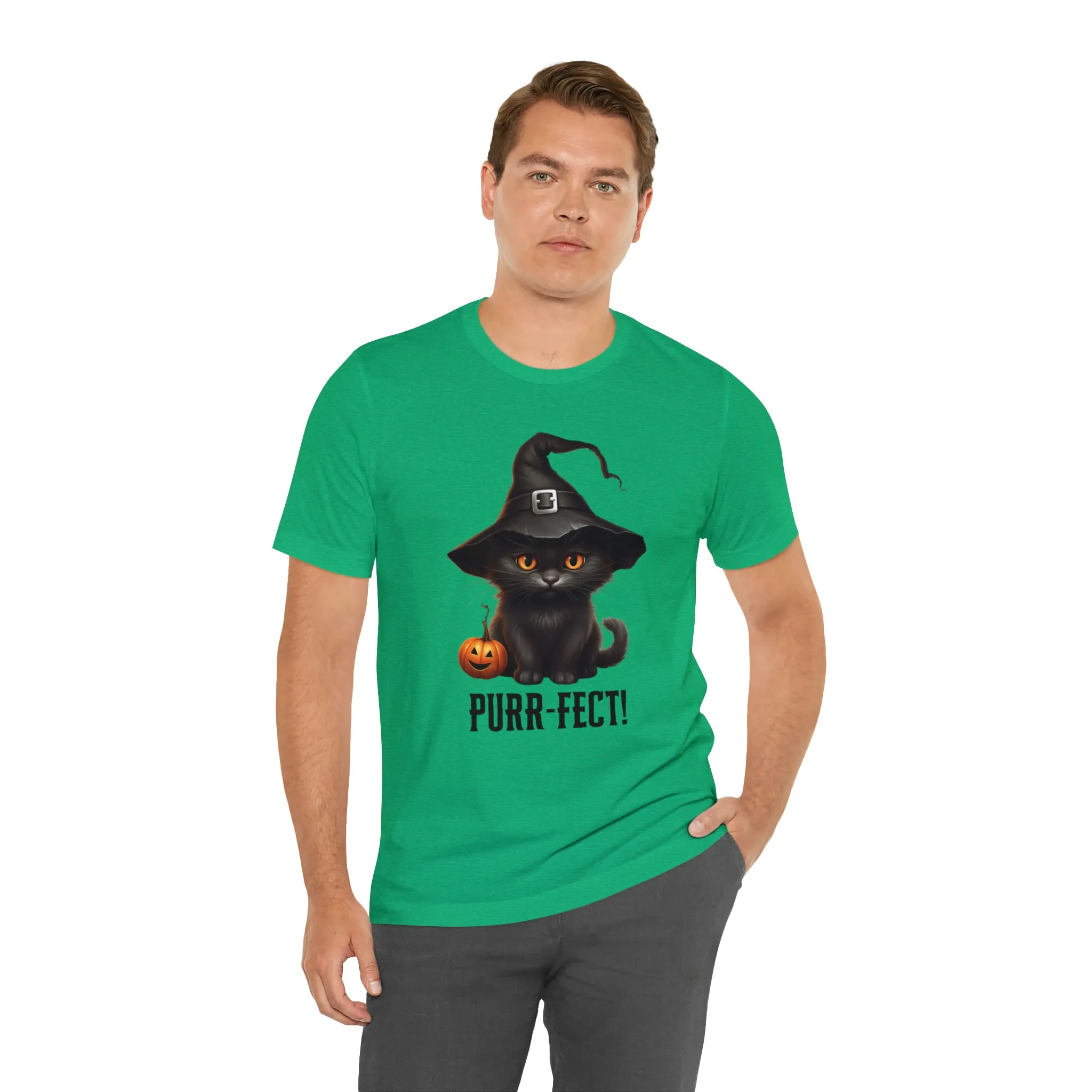 Halloween Purr-Fect Black Cat T-Shirt | Cat with Witch's Hat Tee |  Bella Canvas 3001Unisex | Funny Short Sleeve Tshirt