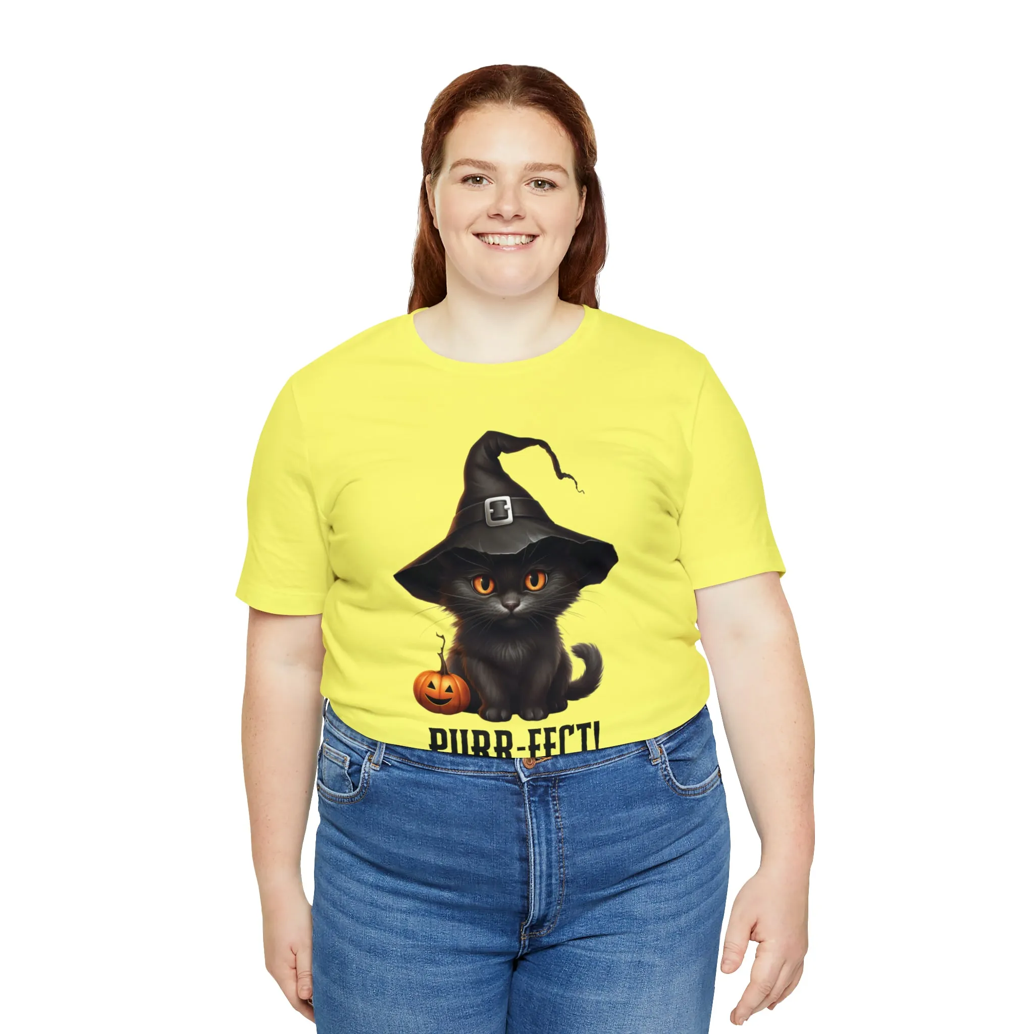 Halloween Purr-Fect Black Cat T-Shirt | Cat with Witch's Hat Tee |  Bella Canvas 3001Unisex | Funny Short Sleeve Tshirt