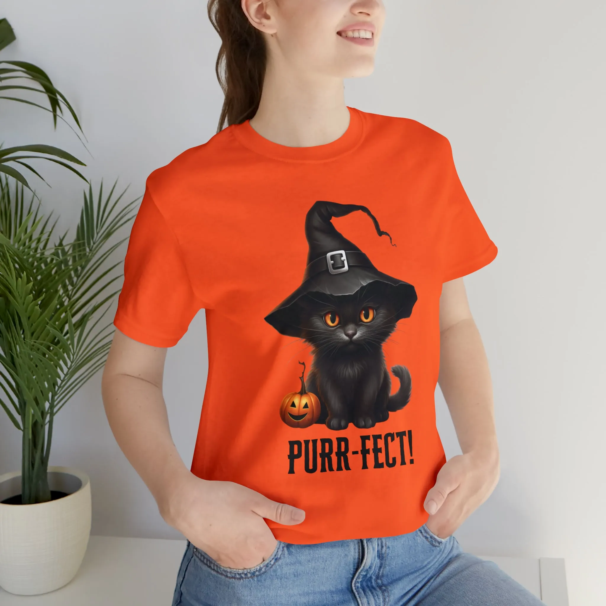 Halloween Purr-Fect Black Cat T-Shirt | Cat with Witch's Hat Tee |  Bella Canvas 3001Unisex | Funny Short Sleeve Tshirt